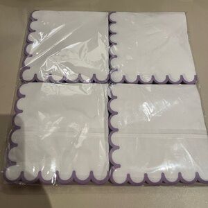 Set of 4 White Cocktail Napkins with Purple Scalloped Edge